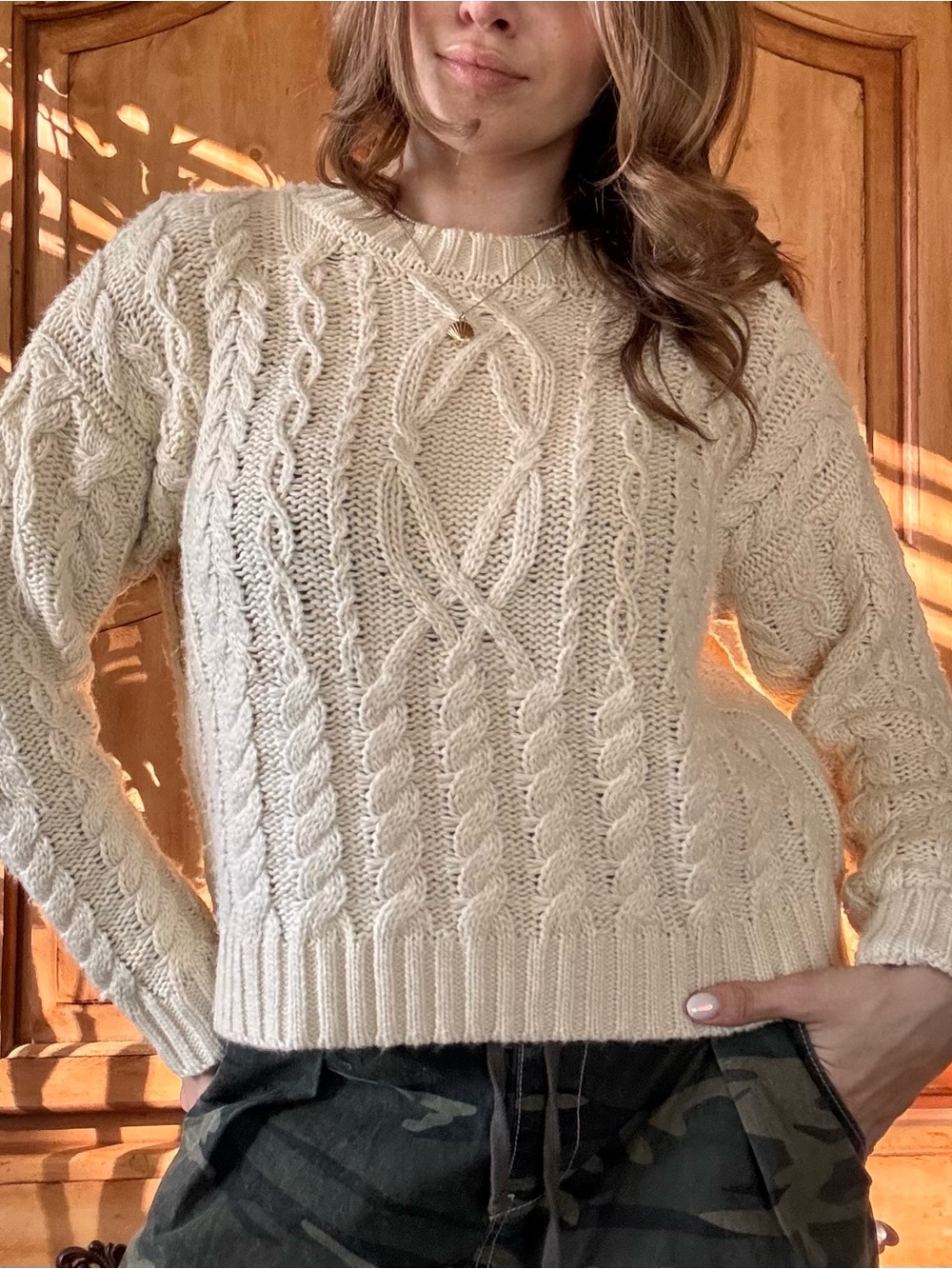 Pink Lily Cream Cable Knit Crewneck Sweater